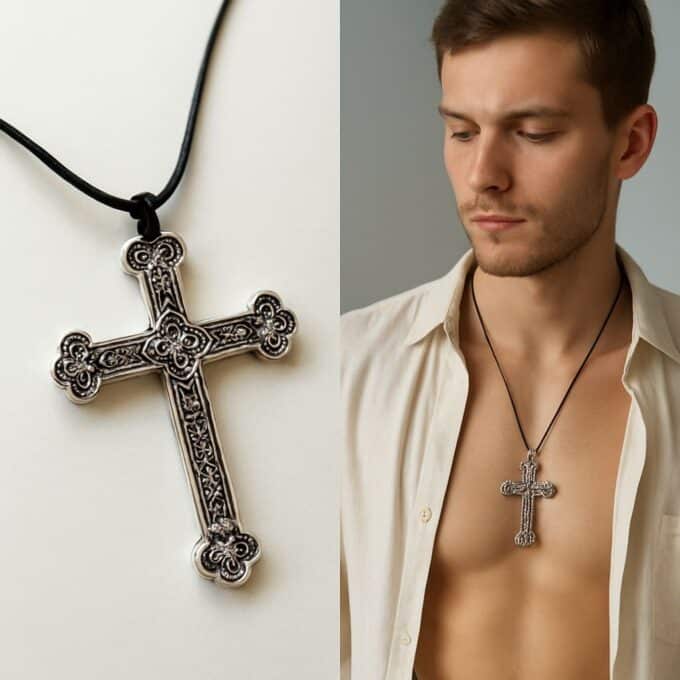 N5740f Collier grosse croix argentée homme artisanal - cordon cuir noir réglable par noeud coulissant - Bijoux Colliers gothiques en ligne Ninanina