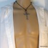 N5740f Collier homme femme cordon cuir grande croix métal argent NINANINA