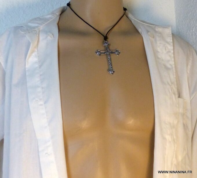 N5740f Collier homme femme cordon cuir grande croix métal argent NINANINA