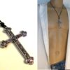 N5740g Collier homme femme cordon cuir grande croix métal argent NINANINA
