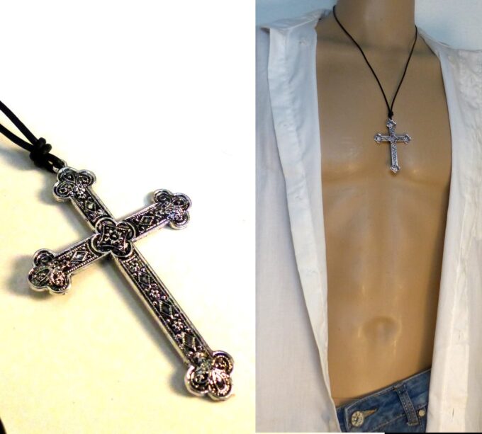 N5740g Collier homme femme cordon cuir grande croix métal argent NINANINA
