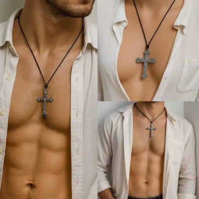 N5740i Collier grosse croix argentée homme artisanal - cordon cuir noir réglable par noeud coulissant - Bijoux Colliers gothiques en ligne Ninanina