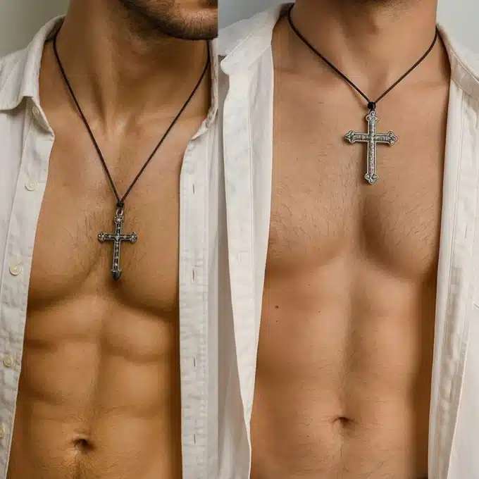 N5740j Collier grosse croix argentée homme artisanal - cordon cuir noir réglable par noeud coulissant - Bijoux Colliers gothiques en ligne Ninanina
