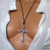 N5740j Collier homme femme cordon cuir grande croix métal argent NINANINA