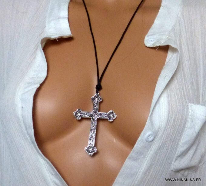 N5740j Collier homme femme cordon cuir grande croix métal argent NINANINA