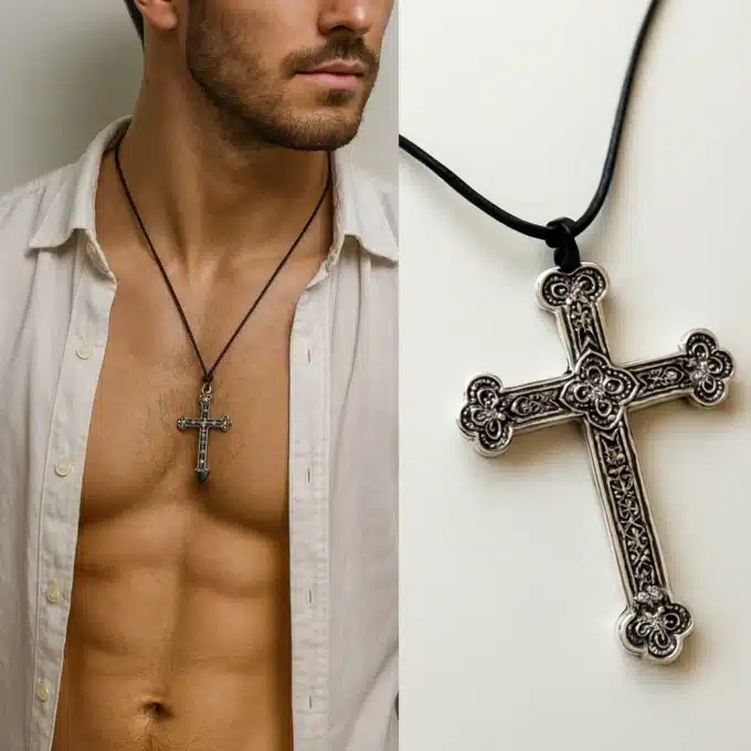 N5740k Collier grosse croix argentée homme artisanal - cordon cuir noir réglable par noeud coulissant - Bijoux Colliers gothiques en ligne Ninanina