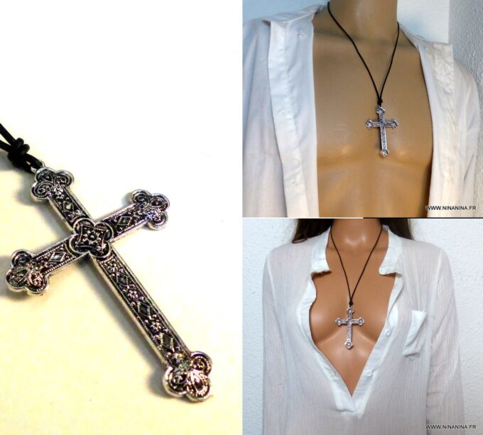 N5740k Collier homme femme cordon cuir grande croix métal argent NINANINA