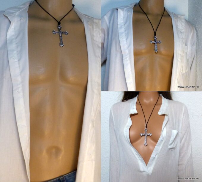N5740l Collier homme femme cordon cuir grande croix métal argent NINANINA