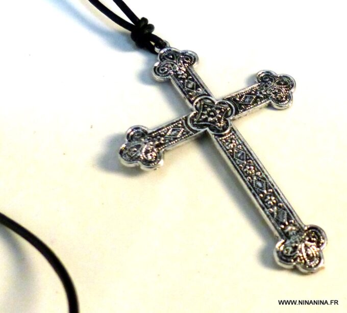 N5740o Collier homme femme cordon cuir grande croix métal argent NINANINA