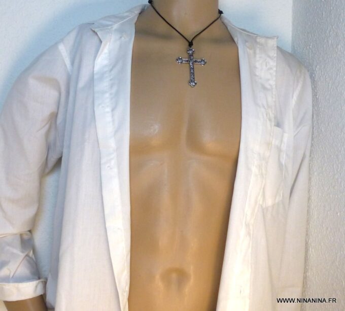 N5740q Collier homme femme cordon cuir grande croix métal argent NINANINA