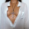 N5740r Collier homme femme cordon cuir grande croix métal argent NINANINA