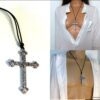 N5740s Collier homme femme cordon cuir grande croix métal argent NINANINA
