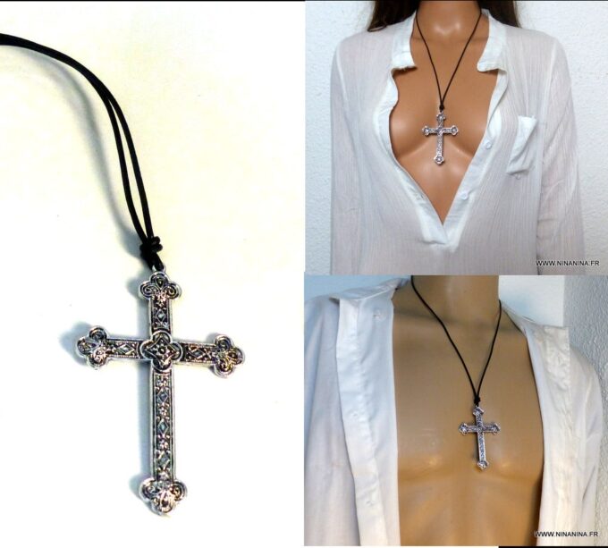 N5740s Collier homme femme cordon cuir grande croix métal argent NINANINA