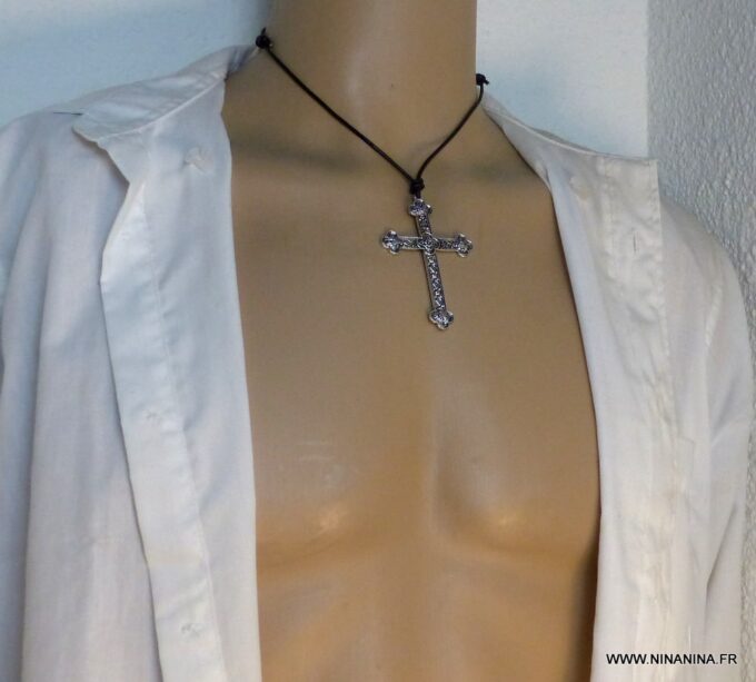 N5740v Collier homme femme cordon cuir grande croix métal argent NINANINA
