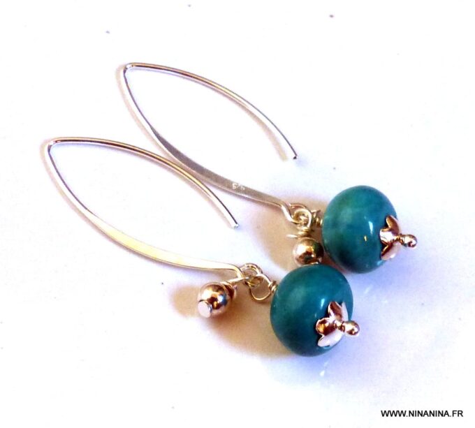 N5746A Boucles d'oreilles femme créoles argent 925 massif ovales perle turquoise naturelle NINANINA
