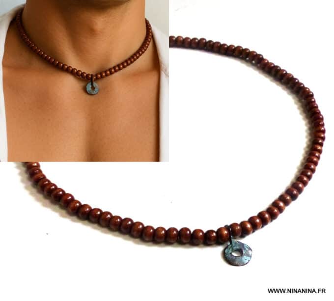 N5752 Collier homme ethnique fait main avec Pendentif bleu et rond sur un rang elastique de perles en bois - Bijoux Colliers ethniques en ligne Ninanina