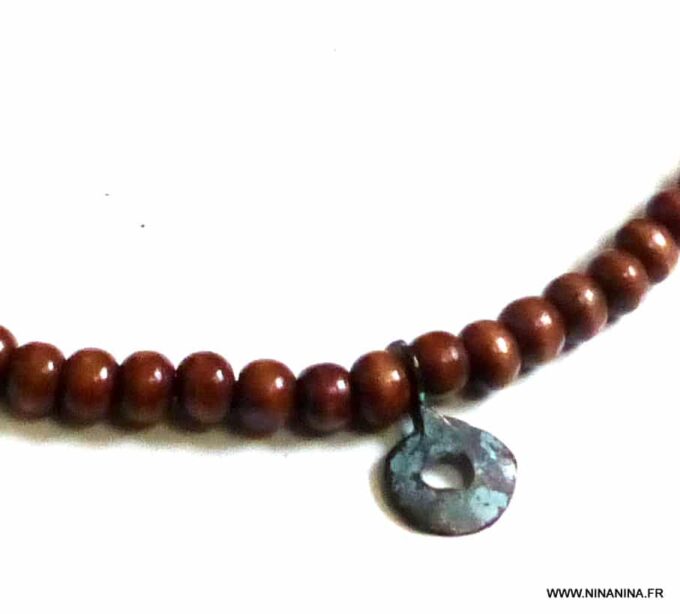 N5752a Collier homme tribal perles bois marron clair pendentif turquoise NINANINA