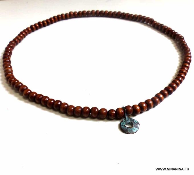 N5752c Collier homme tribal perles bois marron clair pendentif turquoise NINANINA