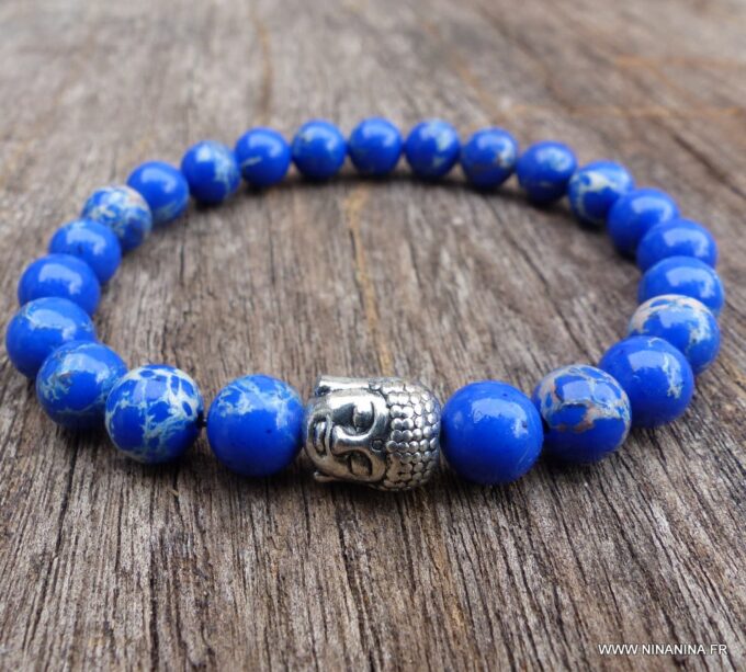 N5759 Bracelet elastique homme bouddha métal argent perles jaspe bleu - Bijoux Bracelets en ligne Ninanina