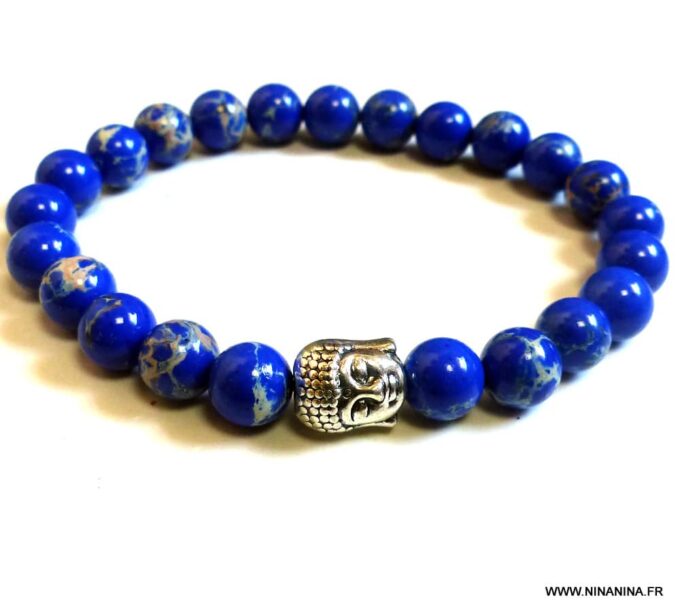 N5759 Bracelet homme elastique strech perles jaspe bleues bouddha métal argent - Bijoux en ligne Ninanina