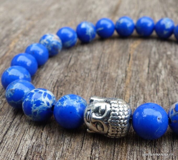 N5759a Bracelet elastique homme bouddha métal argent perles jaspe bleu - Bijoux Bracelets en ligne Ninanina