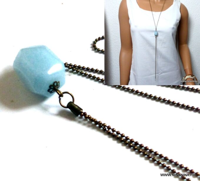N5763 Collier femme long sautoir métal bronze pendentif aiguemarine - Bijoux en ligne NINANINA