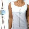 N5763a Collier femme long sautoir métal bronze pendentif aiguemarine - Bijoux en ligne NINANINA