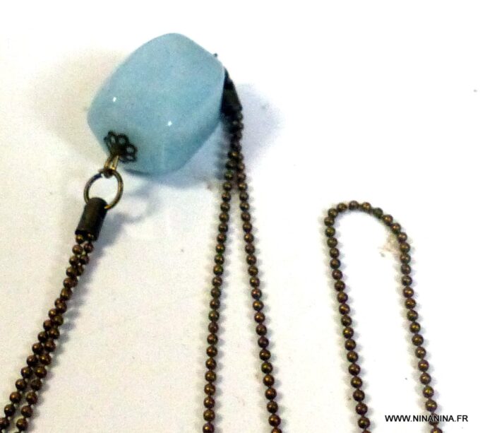 N5763b Collier femme long sautoir métal bronze pendentif aiguemarine - Bijoux en ligne NINANINA