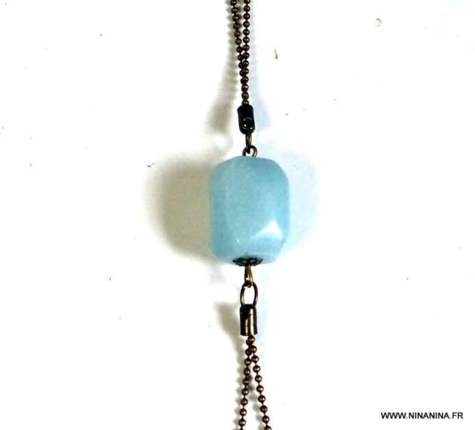 N5763c Collier femme long sautoir métal bronze pendentif aiguemarine - Bijoux en ligne NINANINA