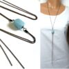 N5763d Collier femme long sautoir métal bronze pendentif aiguemarine - Bijoux en ligne NINANINA