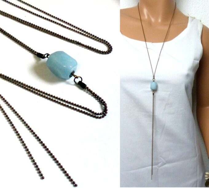 N5763d Collier femme long sautoir métal bronze pendentif aiguemarine - Bijoux en ligne NINANINA
