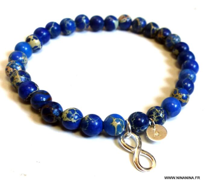 N5766 Bracelet homme perles jaspe bleu infini argent 925 massif personnalisé gravé à la main - Bijoux en ligne NINANINA