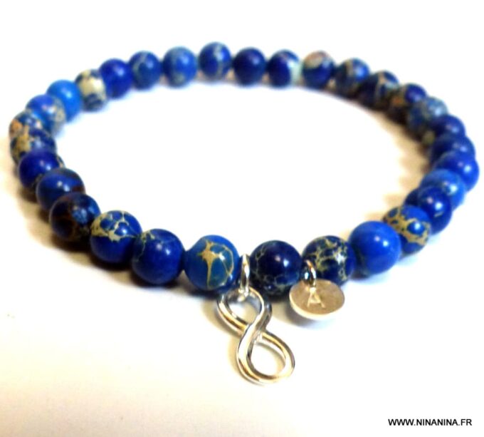 N5766b Bracelet homme perles jaspe bleu infini argent 925 massif personnalisé gravé à la main - Bijoux en ligne NINANINA
