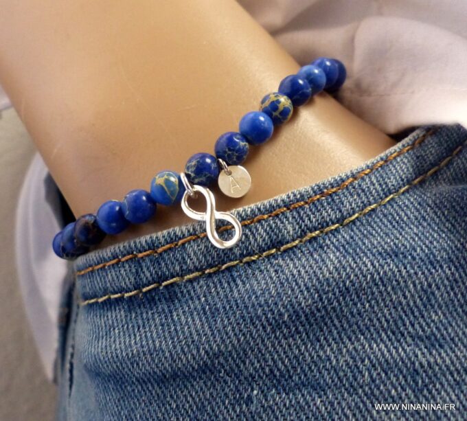 N5766d Bracelet homme perles jaspe bleu infini argent 925 massif personnalisé gravé à la main - Bijoux en ligne NINANINA