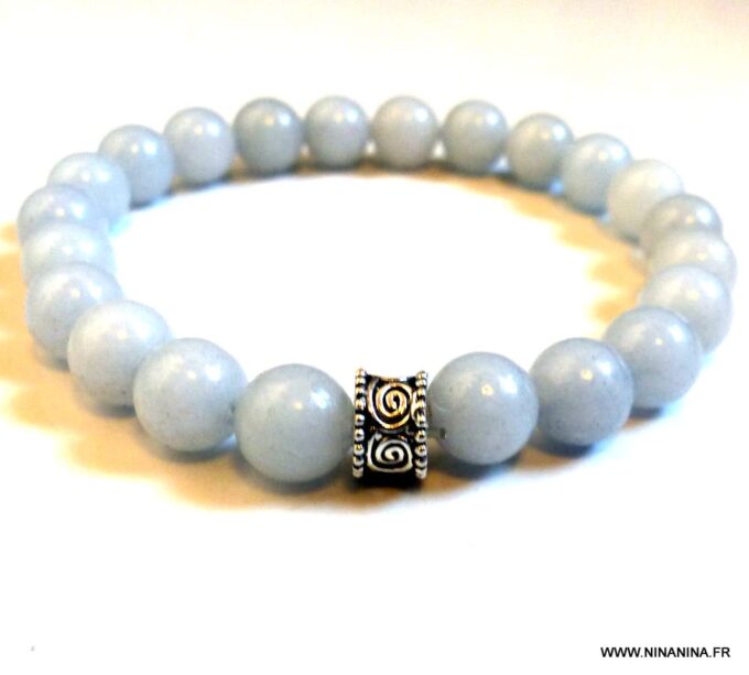 N5773a Bracelet homme strech elastique perles aiguemarine argent 925 massif - Bijoux en ligne Ninanina