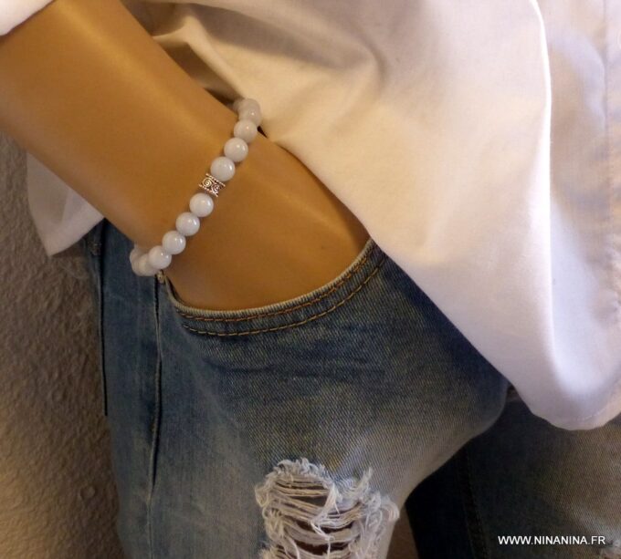 N5773b Bracelet homme strech elastique perles aiguemarine argent 925 massif - Bijoux en ligne Ninanina