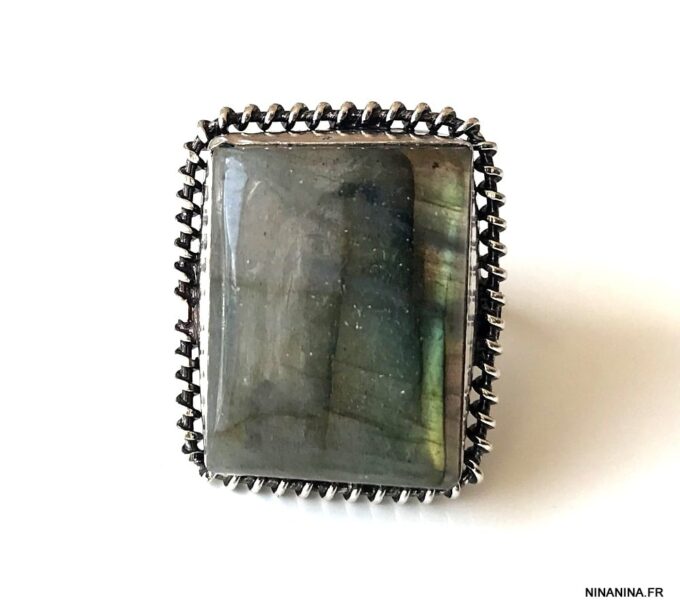 N5775 Bague Labradorite rectangulaire plaqué argent - Bijoux Bagues en ligne Ninanina