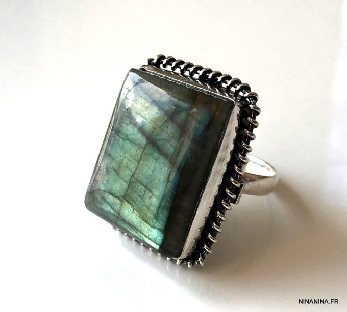 N5775b Bague Labradorite rectangulaire plaqué argent - Bijoux Bagues en ligne Ninanina