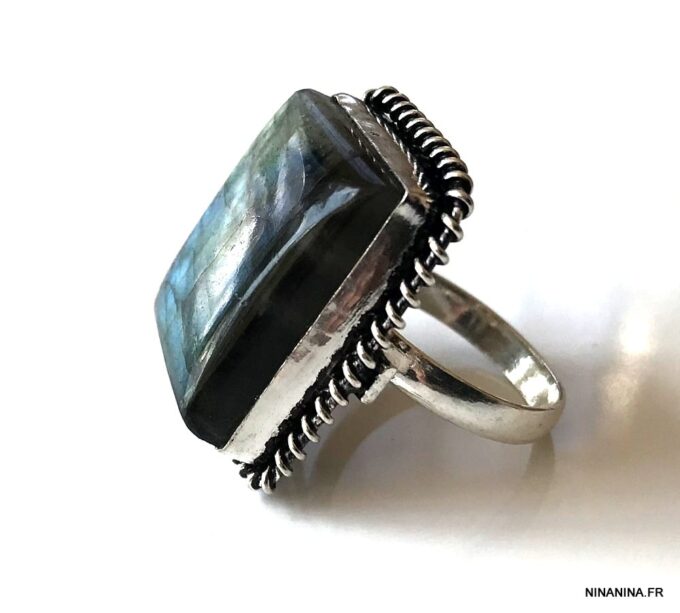 N5775d Bague Labradorite rectangulaire plaqué argent - Bijoux Bagues en ligne Ninanina