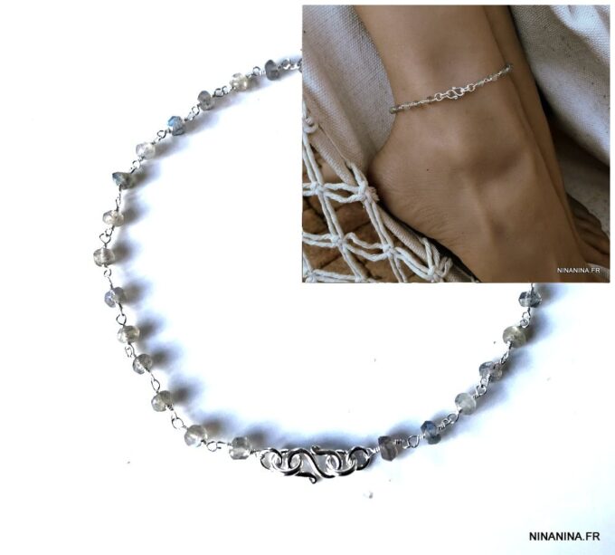 N5785b Chaine de cheville labradorite signe infini Argent 925 massif femme - Bijoux Chaînes en ligne Ninanina