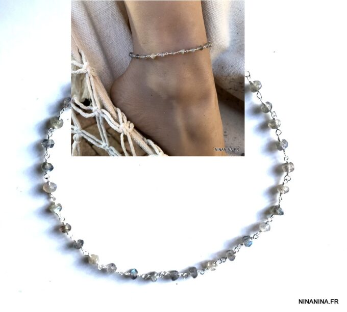 N5785d Chaine de cheville labradorite signe infini Argent 925 massif femme - Bijoux Chaînes en ligne Ninanina