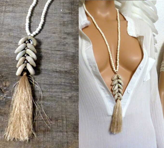 N5787 Collier long coquillages cauri - Bijoux en ligne Ninanina