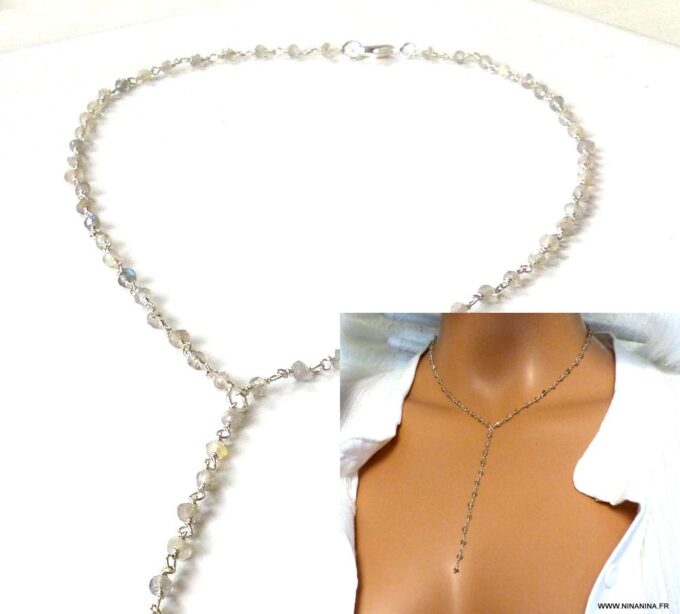 N5797b Collier lasso en labradorite naturelle argent massif - Bijoux en ligne NINANINA