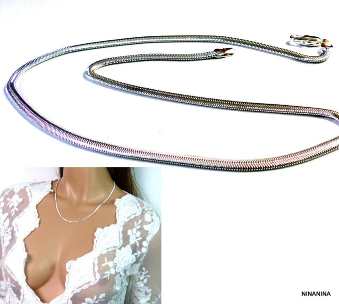 N579a Collier chaine femme maille serpent plate plaqué argent
