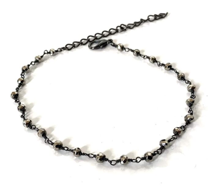 N5801c Bracelet cheville pierre pyrites facettées métal noir - Bijoux Bracelets en ligne Ninanina