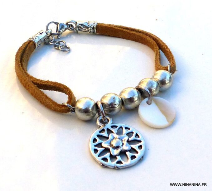 N5812 Bracelet cordon daim nacre métal argent - Bijoux en ligne NINANINA
