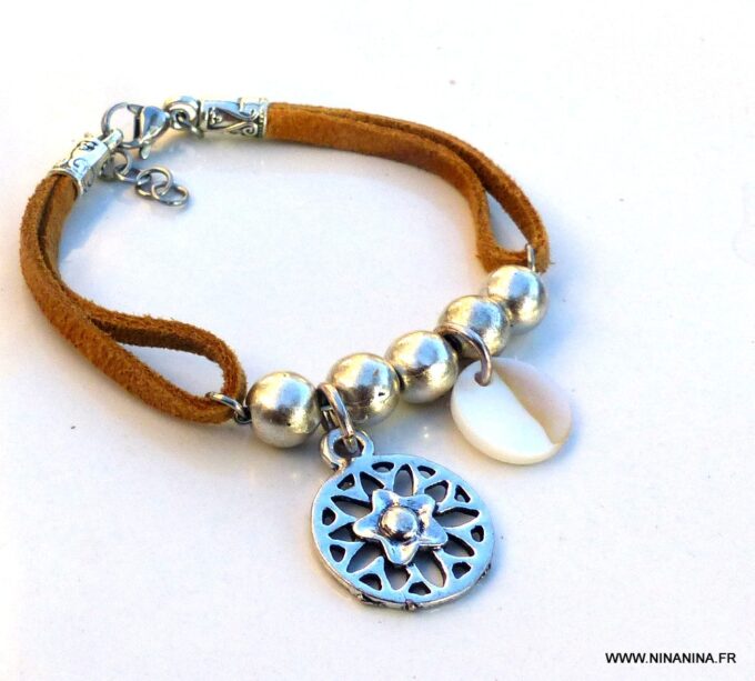 N5812D Bracelet cordon daim nacre métal argent - Bijoux en ligne NINANINA