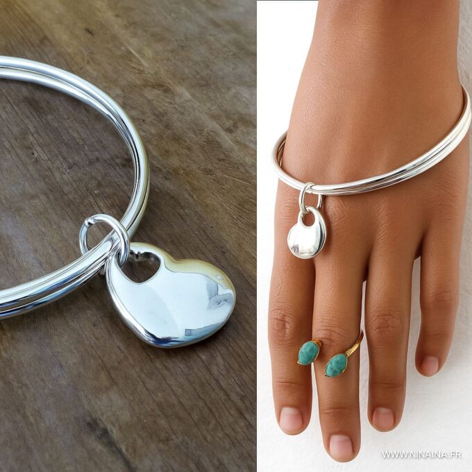 N5814C Bracelet triple jonc pendentif coeur plaqué argent – Bijou Artisanal Fait Main - Bijoux Bracelets joncs en ligne NINANINA