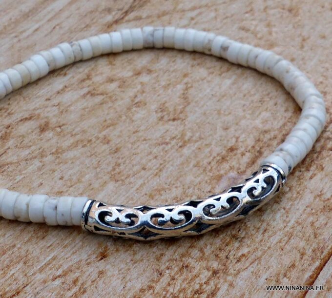 N5817D Bracelet turquoises blanches perle tube métal argenté - Bijoux en ligne NINANINA
