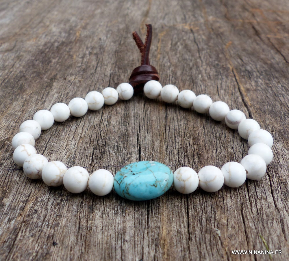 Bracelet Extensible Femme Homme Perles Naturelles Howlite et Agate